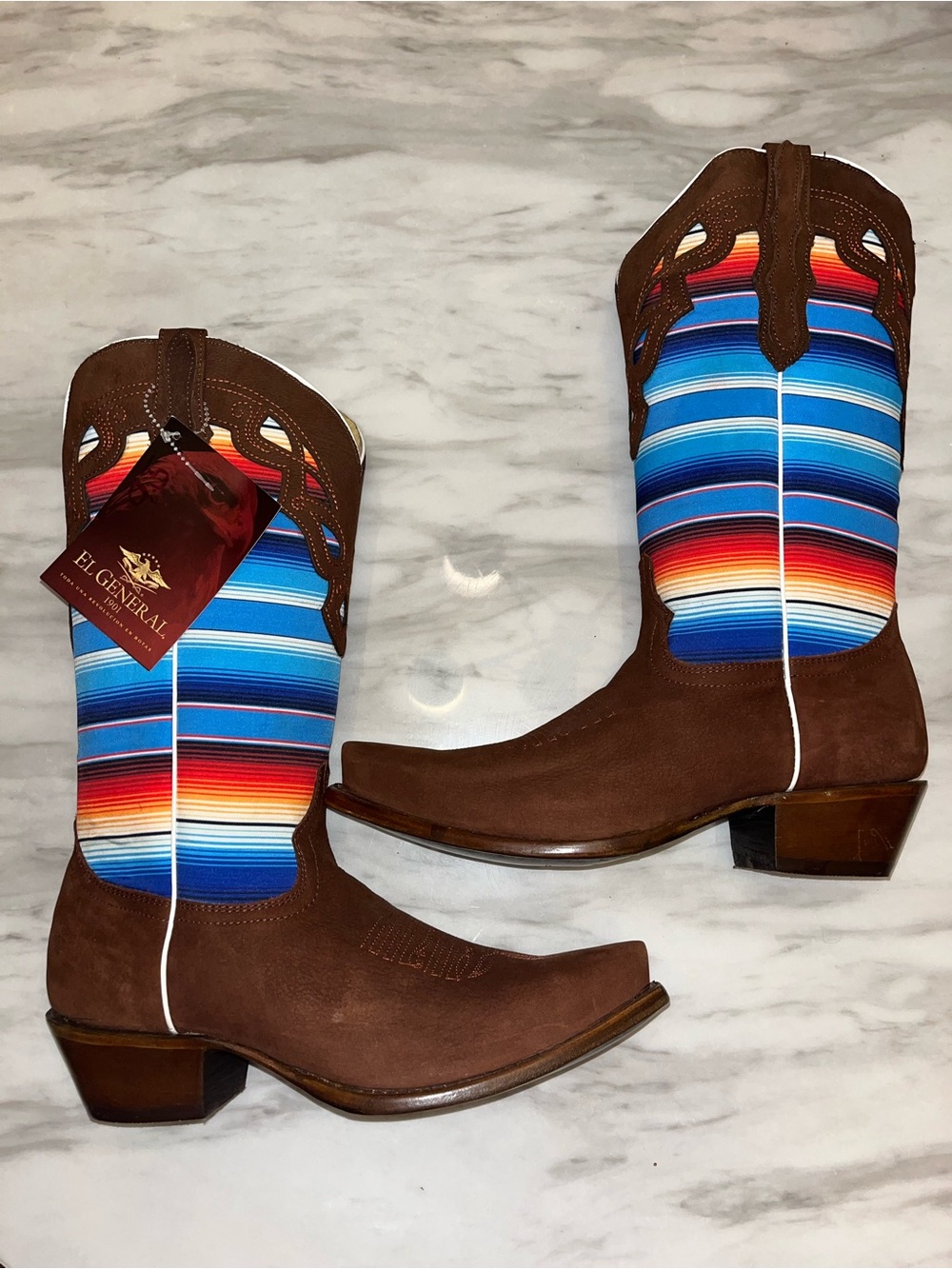 El General Western Cowboy Boots Brown Leather Serape Square Toe Women’s 9.5